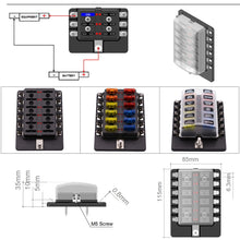 Load image into Gallery viewer, 1 in 12 Out Fuse Box PC Terminal Block Fuse Holder Kits with LED Warning Indicator for Auto Car Truck Boat, 1 in 12 Out (PC Terminal Block)