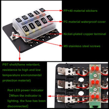 Load image into Gallery viewer, 1 in 10 Out Fuse Box PC Terminal Block Fuse Holder Kits with LED Warning Indicator for Auto Car Truck Boat, 1 in 10 Out (PC Terminal Block)