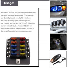Load image into Gallery viewer, 1 in 10 Out Fuse Box PC Terminal Block Fuse Holder Kits with LED Warning Indicator for Auto Car Truck Boat, 1 in 10 Out (PC Terminal Block)