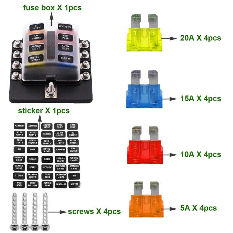 1 in 8 Out Fuse Box Screw Terminal Section Fuse Holder Kits with LED Warning Indicator for Auto Car Truck Boat, 1 in 8 Out (Screw Terminal Section)