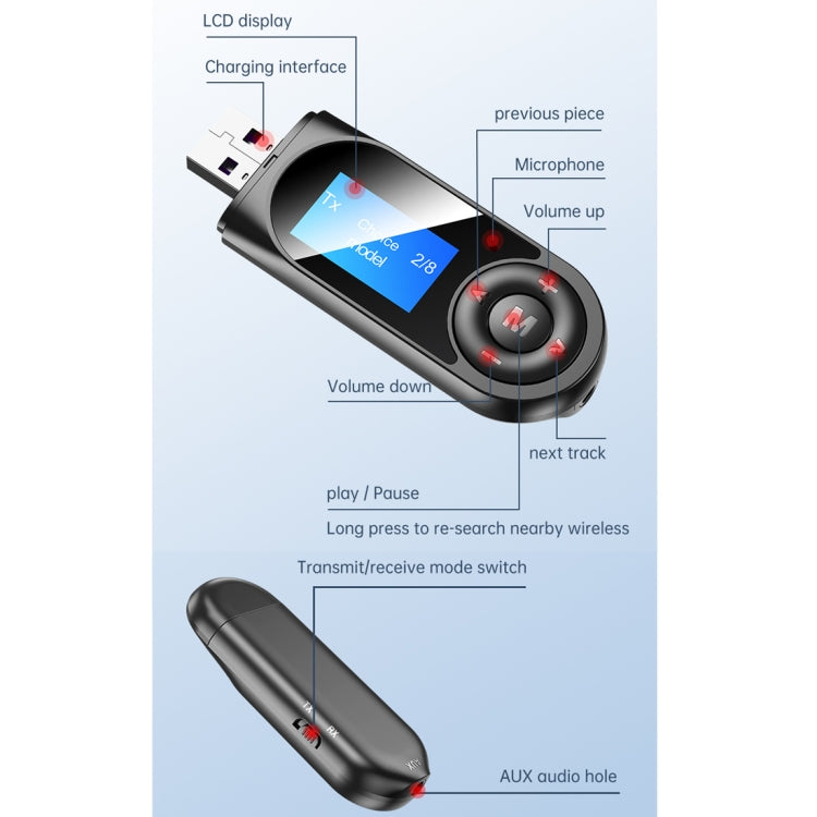 T-13 Bluetooth 5.0 LCD Digital Display Bluetooth Adapter Receiver Transmitter, T-13