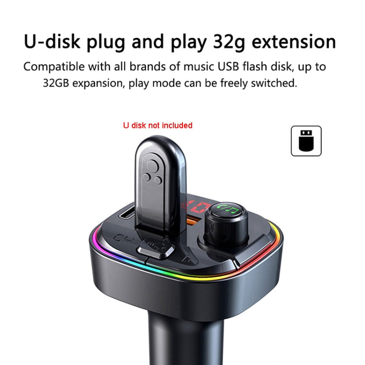 C13 Multifunctional Car Dual USB PD Fast Charger Bluetooth FM Transmitter with Atmosphere Light, C13