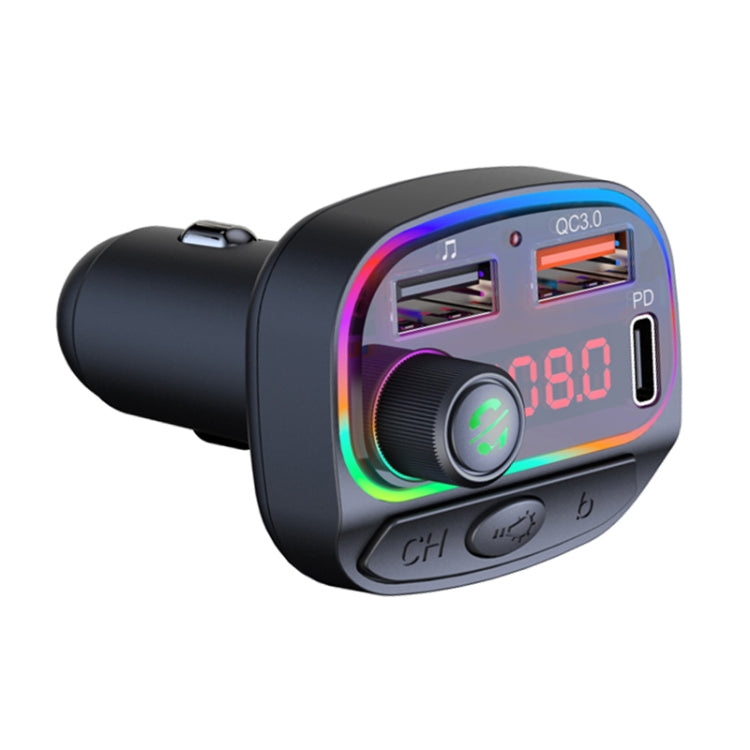 C14 Multifunctional Car Dual QC3.0+PD18W USB Charger Bluetooth FM Transmitter with Atmosphere Light, C14