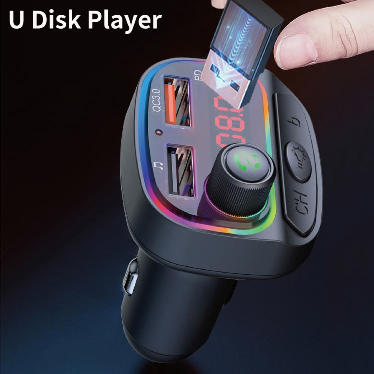 C14 Multifunctional Car Dual QC3.0+PD18W USB Charger Bluetooth FM Transmitter with Atmosphere Light, C14