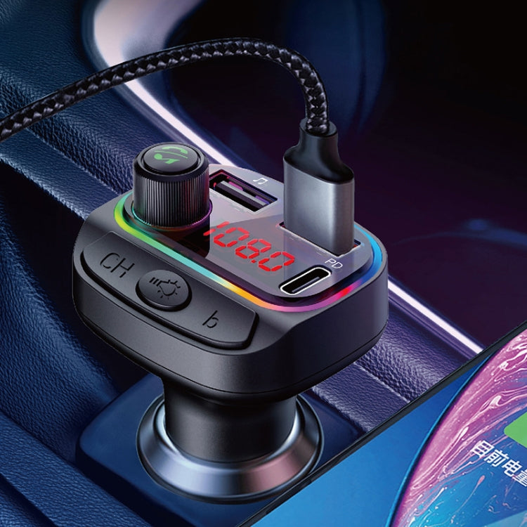 C14 Multifunctional Car Dual QC3.0+PD18W USB Charger Bluetooth FM Transmitter with Atmosphere Light, C14