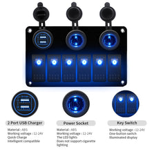 Load image into Gallery viewer, Multi-functional Combination Switch Panel 12V / 24V 6 Way Switches + Dual USB Charger for Car RV Marine Boat, 6 Way (Blue Light), 6 Way (Green Light), 6 Way (Red Light)