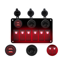 Load image into Gallery viewer, Multi-functional Combination Switch Panel 12V / 24V 6 Way Switches + Dual USB Charger for Car RV Marine Boat, 6 Way (Blue Light), 6 Way (Green Light), 6 Way (Red Light)