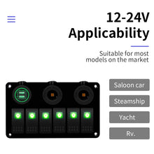 Load image into Gallery viewer, Multi-functional Combination Switch Panel 12V / 24V 6 Way Switches + Dual USB Charger for Car RV Marine Boat, 6 Way (Blue Light), 6 Way (Green Light), 6 Way (Red Light)