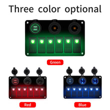 Load image into Gallery viewer, Multi-functional Combination Switch Panel 12V / 24V 6 Way Switches + Dual USB Charger for Car RV Marine Boat, 6 Way (Blue Light), 6 Way (Green Light), 6 Way (Red Light)