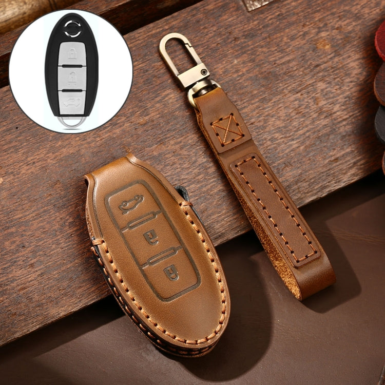 Hallmo Car Cowhide Leather Key Protective Cover Key Case for Nissan Sylphy 3-button Tail Box, For Nissan Sylphy 3-button Tail Box