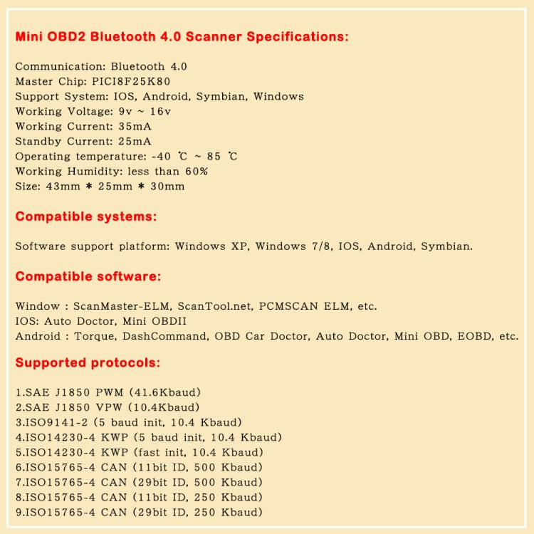 Mini Bluetooth 4.0 ELM327 OBD Car Fault Diagnostic Scanner, Bluetooth 4.0