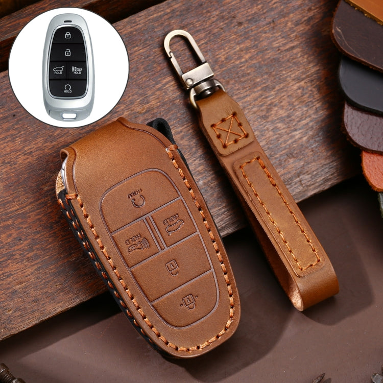 Hallmo Car Cowhide Leather Key Protective Cover Key Case for Hyundai 5-button, For Hyundai 5-button