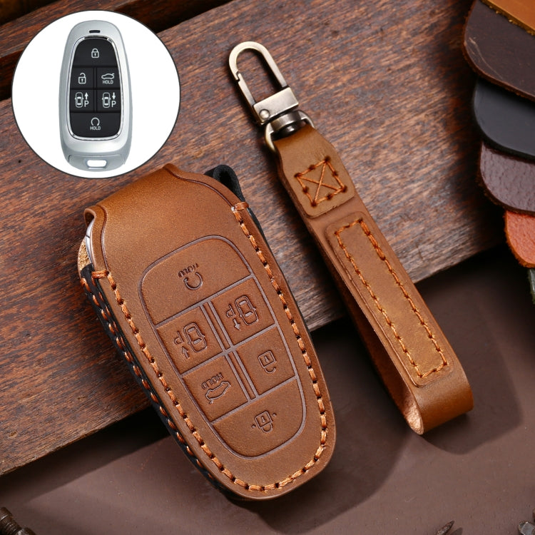 Hallmo Car Cowhide Leather Key Protective Cover Key Case for Hyundai 6-button, For Hyundai 6-button