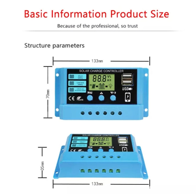10A Solar Charge Controller 12V / 24V Lithium Lead-Acid Battery Charge Discharge PV Controller, 10A