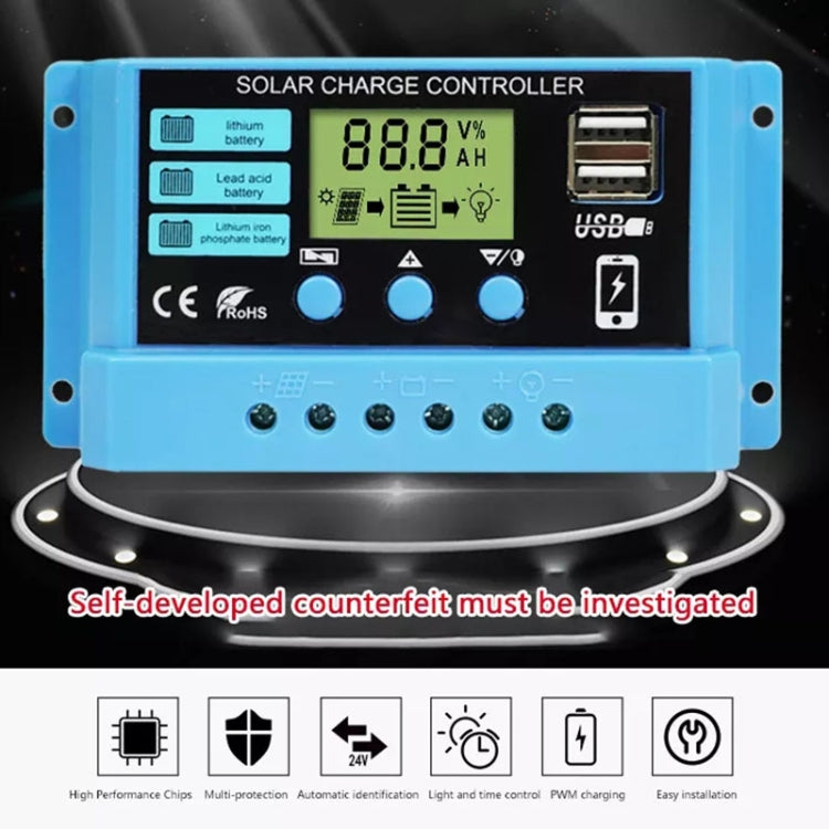 30A Solar Charge Controller 12V / 24V Lithium Lead-Acid Battery Charge Discharge PV Controller, 30A