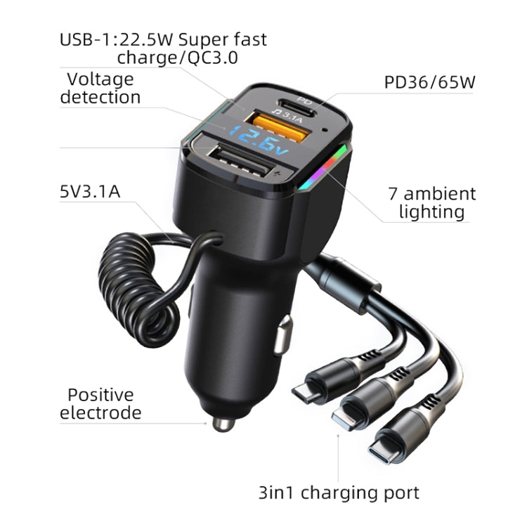 K4 Car 3 in 1 PD + USB Dual Port Fast Charger with Spring Data Cable, K4