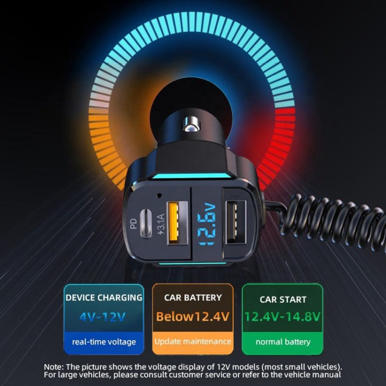 K4 Car 3 in 1 PD + USB Dual Port Fast Charger with Spring Data Cable, K4