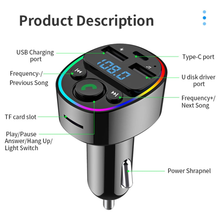 Car Bluetooth MP3 Player Audio FM Transmitter with Ambient Light, MP3 Player