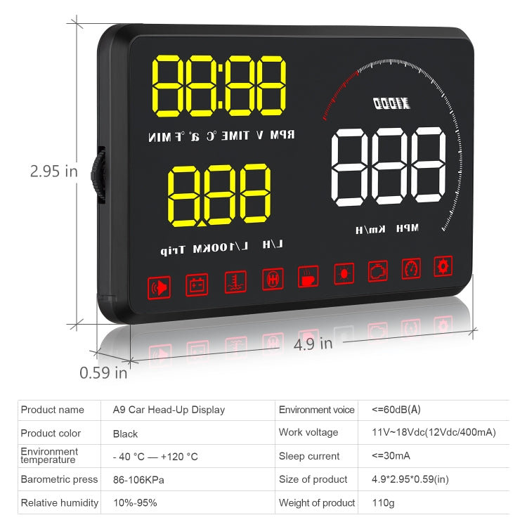 A9 5.5 inch Universal Car OBD2 HUD Vehicle-mounted Head Up Display, A9(Blue), A9(Yellow)