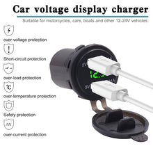 Load image into Gallery viewer, Universal Car Dual Port USB Charger Power Outlet Adapter 4.2A 5V IP66 with LED Digital Voltmeter + 60cm Cable, 4.2A Voltmeter + 60cm Cable(Blue Light), 4.2A Voltmeter + 60cm Cable(Green Light), 4.2A Voltmeter + 60cm Cable(Red Light)