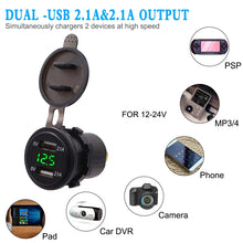 Load image into Gallery viewer, Universal Car Dual Port USB Charger Power Outlet Adapter 4.2A 5V IP66 with LED Digital Voltmeter + 60cm Cable, 4.2A Voltmeter + 60cm Cable(Blue Light), 4.2A Voltmeter + 60cm Cable(Green Light), 4.2A Voltmeter + 60cm Cable(Red Light)