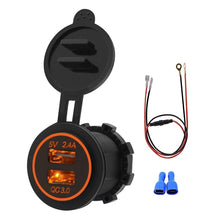 Load image into Gallery viewer, Universal Car QC3.0 Dual Port USB Charger Power Outlet Adapter 5V 2.4A IP66 with 60cm Cable, 2.4A + 60cm Cable (Orange Light), 2.4A + 60cm Cable (Red Light), 2.4A + 60cm Cable (White Light)
