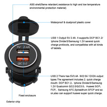 Load image into Gallery viewer, Universal Car QC3.0 Dual Port USB Charger Power Outlet Adapter 5V 2.4A IP66 with 60cm Cable, 2.4A + 60cm Cable (White Light), 2.4A + 60cm Cable(Blue Light), 2.4A + 60cm Cable (Green Light), 2.4A + 60cm Cable (Orange Light), 2.4A + 60cm Cable (Red Light)