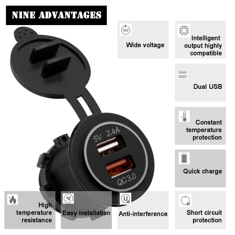 Universal Car QC3.0 Dual Port USB Charger Power Outlet Adapter 5V 2.4A IP66 with 60cm Cable, 2.4A + 60cm Cable (White Light), 2.4A + 60cm Cable(Blue Light), 2.4A + 60cm Cable (Green Light), 2.4A + 60cm Cable (Orange Light), 2.4A + 60cm Cable (Red Light)
