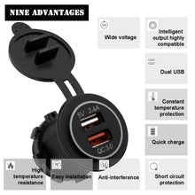 Load image into Gallery viewer, Universal Car QC3.0 Dual Port USB Charger Power Outlet Adapter 5V 2.4A IP66 with 60cm Cable, 2.4A + 60cm Cable (White Light), 2.4A + 60cm Cable(Blue Light), 2.4A + 60cm Cable (Green Light), 2.4A + 60cm Cable (Orange Light), 2.4A + 60cm Cable (Red Light)