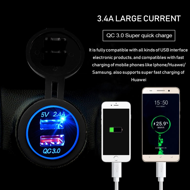 Universal Car QC3.0 Dual Port USB Charger Power Outlet Adapter 5V 2.4A IP66 with 60cm Cable, 2.4A + 60cm Cable (White Light), 2.4A + 60cm Cable(Blue Light), 2.4A + 60cm Cable (Green Light), 2.4A + 60cm Cable (Orange Light), 2.4A + 60cm Cable (Red Light)