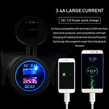 Load image into Gallery viewer, Universal Car QC3.0 Dual Port USB Charger Power Outlet Adapter 5V 2.4A IP66 with 60cm Cable, 2.4A + 60cm Cable (White Light), 2.4A + 60cm Cable(Blue Light), 2.4A + 60cm Cable (Green Light), 2.4A + 60cm Cable (Orange Light), 2.4A + 60cm Cable (Red Light)