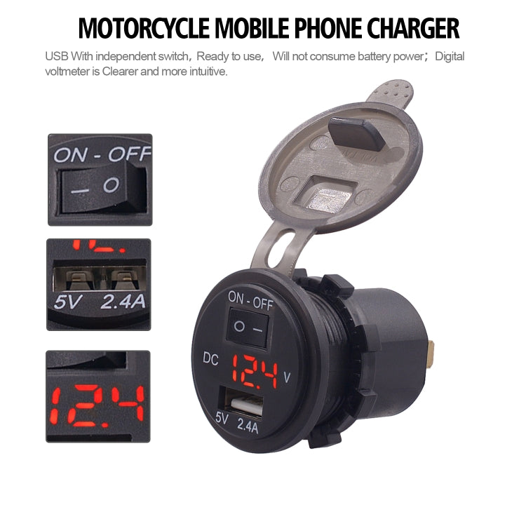 Universal Car Single Port USB Charger Power Outlet Adapter 2.4A 5V IP66 with LED Digital Voltmeter + Switch + 60cm Cable, 2.4A + Switch + 60cm Cable(Blue Light), 2.4A + Switch + 60cm Cable (Green Light), 2.4A + Switch + 60cm Cable (Red Light)