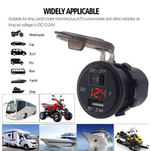 Load image into Gallery viewer, Universal Car Single Port USB Charger Power Outlet Adapter 2.4A 5V IP66 with LED Digital Voltmeter + Switch + 60cm Cable, 2.4A + Switch + 60cm Cable(Blue Light), 2.4A + Switch + 60cm Cable (Green Light), 2.4A + Switch + 60cm Cable (Red Light)