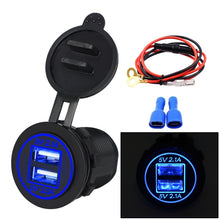 Load image into Gallery viewer, Universal Car Dual USB Charger Power Outlet Adapter 4.2A 5V IP66 with Aperture + 60cm Cable, 4.2A + 60cm Cable(White Light), 4.2A + 60cm Cable(Blue Light), 4.2A + 60cm Cable(Green Light), 4.2A + 60cm Cable(Orange Light), 4.2A + 60cm Cable(Red Light)