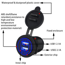 Load image into Gallery viewer, Universal Car Dual USB Charger Power Outlet Adapter 4.2A 5V IP66 with Aperture + 60cm Cable, 4.2A + 60cm Cable(White Light), 4.2A + 60cm Cable(Blue Light), 4.2A + 60cm Cable(Green Light), 4.2A + 60cm Cable(Orange Light), 4.2A + 60cm Cable(Red Light)