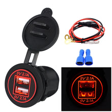 Load image into Gallery viewer, Universal Car Dual USB Charger Power Outlet Adapter 4.2A 5V IP66 with Aperture + 60cm Cable, 4.2A + 60cm Cable(White Light), 4.2A + 60cm Cable(Blue Light), 4.2A + 60cm Cable(Green Light), 4.2A + 60cm Cable(Orange Light), 4.2A + 60cm Cable(Red Light)