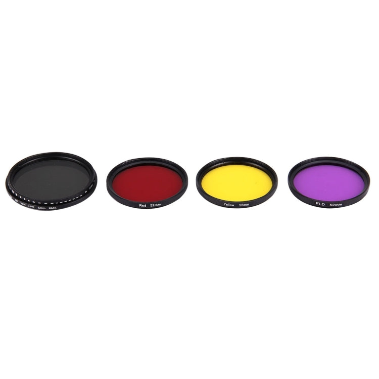 JUNESTAR 4 in 1 Proffesional 52mm Lens Filter(ND2-400 + Red + Yellow + FLD / Purple) for GoPro HERO5 / 4s / 4 / 3+ / 3 / 2 & Xiaomi Xiaoyi Yi I / II 4K & SJCAM Sport Action Camera, 4 in 1 52mm Lens