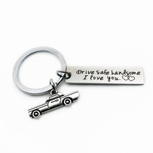 Load image into Gallery viewer, Creative Drive Safe Handsome Words Stainless Steel Keychain Key Rings, Wing Shape, Motorcycle Shape, Car Shape