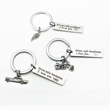 Load image into Gallery viewer, Creative Drive Safe Handsome Words Stainless Steel Keychain Key Rings, Wing Shape, Motorcycle Shape, Car Shape
