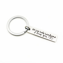 Load image into Gallery viewer, Creative Drive Safe Handsome Words Stainless Steel Keychain Key Rings, Wing Shape, Motorcycle Shape, Car Shape