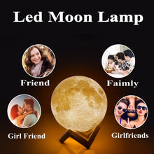 Load image into Gallery viewer, Customized Touch Switch 3-color 3D Print Moon Lamp USB Charging Energy-saving LED Night Light with Wooden Holder Base, 8cm, 10cm, 13cm, 15cm, 18cm, 20cm