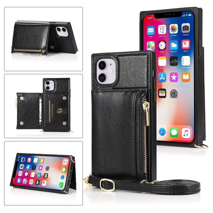 Square Zipper Wallet Bag TPU+PU Back Cover Case with Holder & Card Slots & Wallet & Cross-body Strap, For iPhone 8 Plus / 7 Plus, For iPhone 11, For iPhone 11 Pro, For iPhone 11 Pro Max, For iPhone SE 2022 / SE 2020 / 8 / 7, For iPhone XR              ...