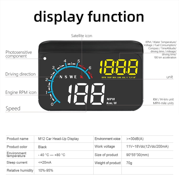 M12 OBD2 + GPS Mode Car Head-up Display HUD Overspeed / Speed / Water Temperature / Low Voltage / Fault Alarm, M12