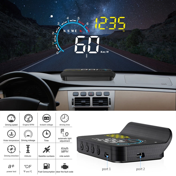M12 OBD2 + GPS Mode Car Head-up Display HUD Overspeed / Speed / Water Temperature / Low Voltage / Fault Alarm, M12