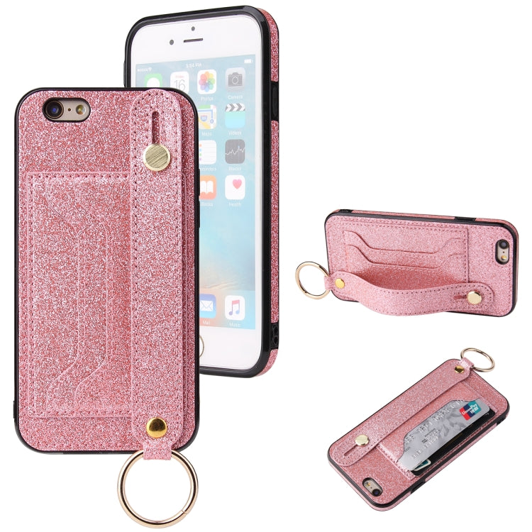 Glitter Powder PU+TPU Shockproof Protective Case with Holder & Card Slots & Wrist Strap, For iPhone 6 / 6s, For iPhone 6 Plus / 6s Plus, For iPhone SE 2022 / SE 2020 / 8 / 7, For iPhone 8 Plus / 7 Plus, For iPhone 11, For iPhone 11 Pro                 ...