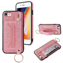 Load image into Gallery viewer, Glitter Powder PU+TPU Shockproof Protective Case with Holder &amp; Card Slots &amp; Wrist Strap, For iPhone 6 / 6s, For iPhone 6 Plus / 6s Plus, For iPhone SE 2022 / SE 2020 / 8 / 7, For iPhone 8 Plus / 7 Plus, For iPhone 11, For iPhone 11 Pro                 ...