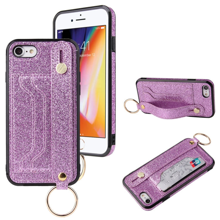 Glitter Powder PU+TPU Shockproof Protective Case with Holder & Card Slots & Wrist Strap, For iPhone 6 / 6s, For iPhone 6 Plus / 6s Plus, For iPhone SE 2022 / SE 2020 / 8 / 7, For iPhone 8 Plus / 7 Plus, For iPhone 11, For iPhone 11 Pro                 ...