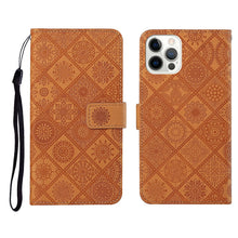 Load image into Gallery viewer, Ethnic Style Embossed Pattern Horizontal Flip Leather Case with Holder &amp; Card Slots &amp; Wallet &amp; Lanyard, For iPhone 12, For iPhone 12 Mini, For iPhone 12 Pro Max, For iPhone SE 2022 / SE 2020 / 8 / 7, For iPhone XR, For iPhone XS Max