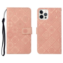 Load image into Gallery viewer, Ethnic Style Embossed Pattern Horizontal Flip Leather Case with Holder &amp; Card Slots &amp; Wallet &amp; Lanyard, For iPhone 12, For iPhone 12 Mini, For iPhone 12 Pro Max, For iPhone SE 2022 / SE 2020 / 8 / 7, For iPhone XR, For iPhone XS Max