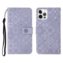 Load image into Gallery viewer, Ethnic Style Embossed Pattern Horizontal Flip Leather Case with Holder &amp; Card Slots &amp; Wallet &amp; Lanyard, For iPhone 12, For iPhone 12 Mini, For iPhone 12 Pro Max, For iPhone SE 2022 / SE 2020 / 8 / 7, For iPhone XR, For iPhone XS Max
